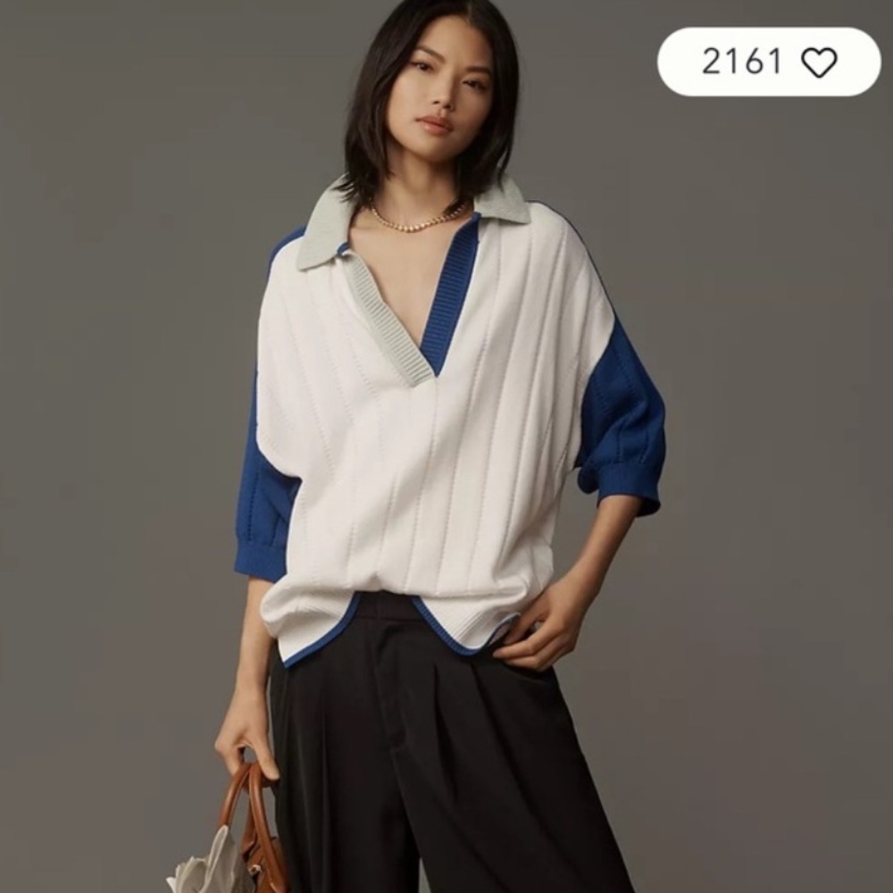Maeve Blue and White Knit Top